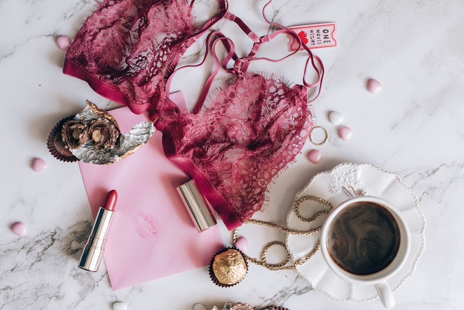 Valentine's styled lingerie flatlay with romantic accessories
